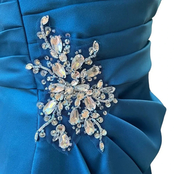 Mori Lee by Madeline Gardner NWT Blue Satin One-Shoulder Gown w/Ruched Bodice S6 - Picture 5 of 12